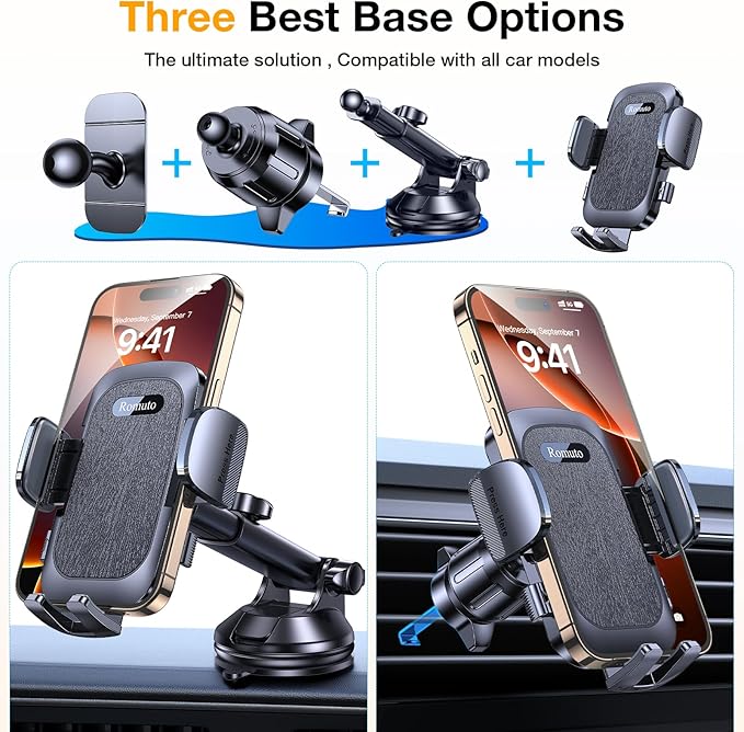 Romuto Car Phone Holder Mount【Strongest Suction】 Phone Mount for Car Cell Phone Holders for Your Car Accessories for Women Men Dashboard/Windshield/Vent/Camera Mounts Stand Holder for iPhone Samsung