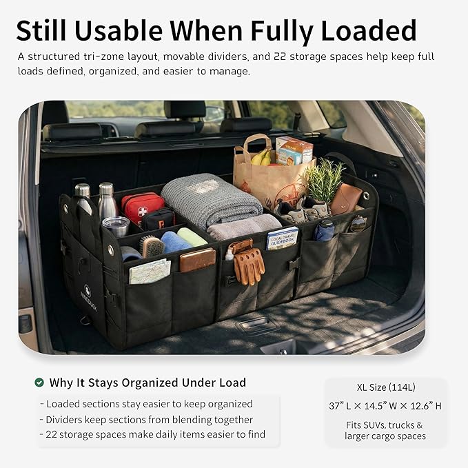 1680D Trunk Organizer with Lid, Extra-Large 114L Collapsible Cargo Organizer for SUVs, Trucks & Large Cargo Areas, Rigid PP Panels, 800D x 800D Weave, Water-Repellent, Anti-Sag Design