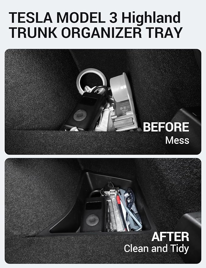 BASENOR Tesla Model 3 Highland Trunk Organizer, TPE Waterproof Rear Trunk Side Storage Bins Box with Carpeted Lip for 2026-2024 Model 3 Interior Accessories (Standard/Premium/Performance) Set of 2