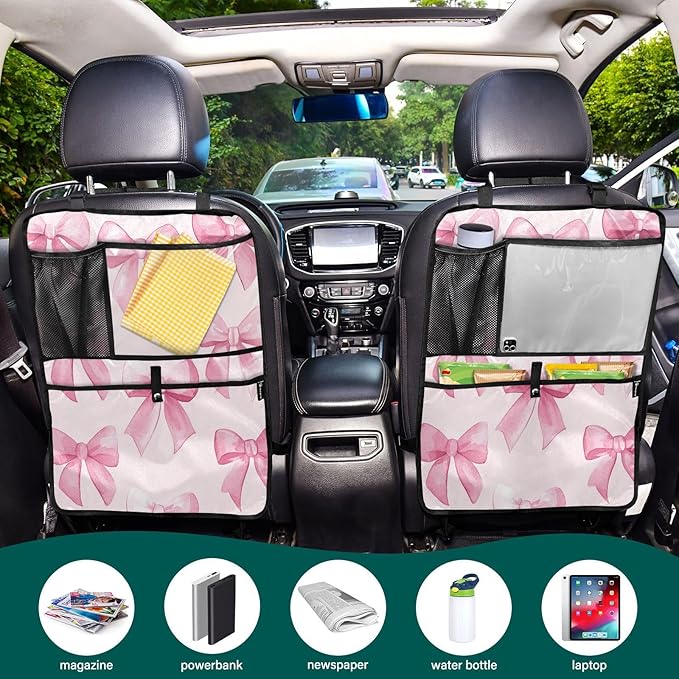 KJIMZO Pink Bows Car Backseat Organizer Kick Mats Protector Seat Covers Vehicle Back Seat with Storage Pockets for Road Trip-2Ppacks