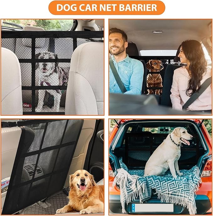 Dog Car Net Barrier,Universal Fit Sturdy Double-Layer Mesh 31.5"x23.6" Car Ceiling Cargo Net Pocket with Flexible Bungee Cords for Seat Movement Easy to Install