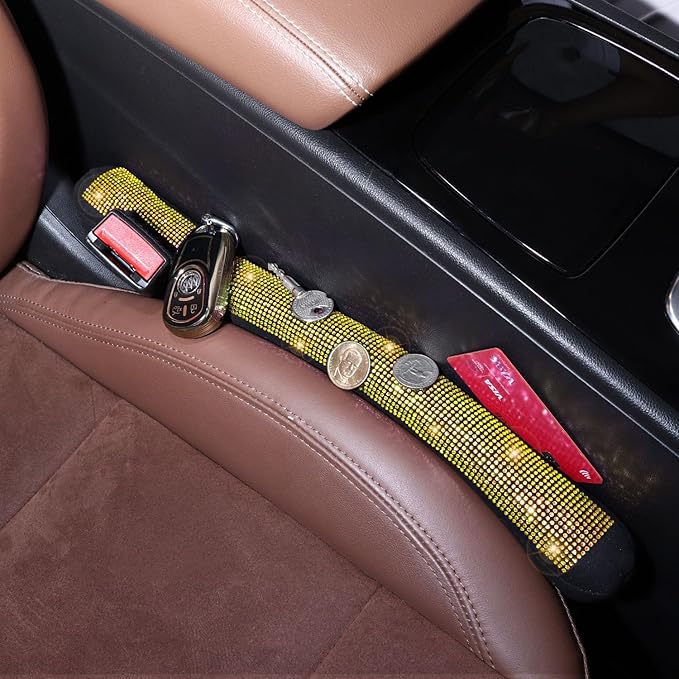 ToBeQueen Yellow Car Gap Filler 2 Pack, Seat Gap Plug Universal Fit for Car SUV Truck, Handmade Crystal Diamond Rhinestone Yellow Bling Car Accessories for Women(Yellow)