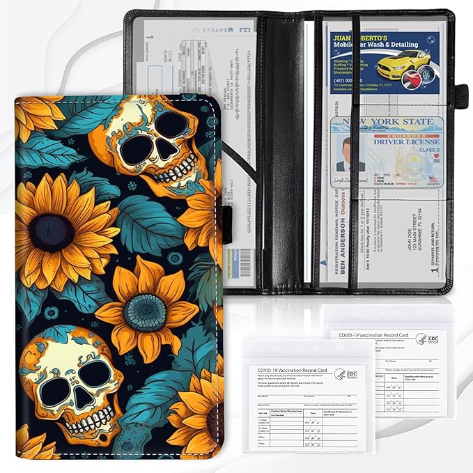Car Registration and Insurance Card Holder, Vehicle License Documents Glove Box Compartment Organizer Wallet, ID Card Holder for Car Essentials Automobile, Skull And Sunflowers