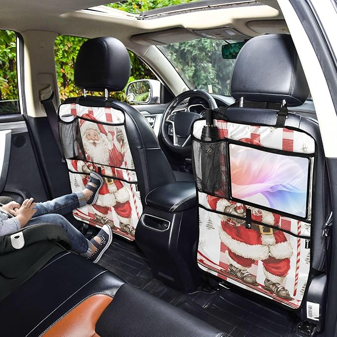 Christmas Santa Claus Candy White 2 Pack Backseat Car Organizer with Storage Pockets Seat Back Organizers for Kids Kick Mats Backseat Protector Automotive