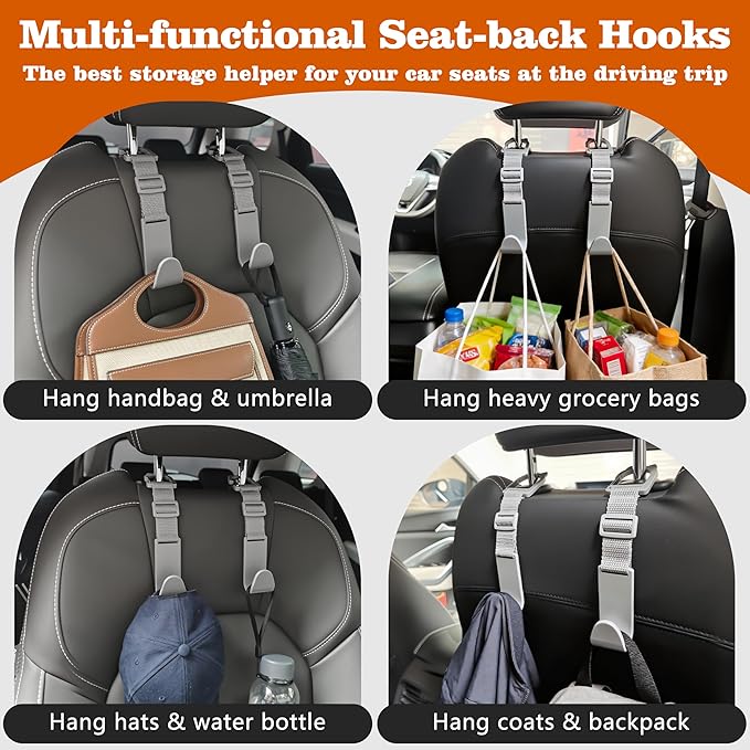 Amooca Car Headrest Hooks 4 Pack Adjustable Universal Fit Auto Seat Back Organizer Storage Hanger Purse Bags Holder with Clip Gray