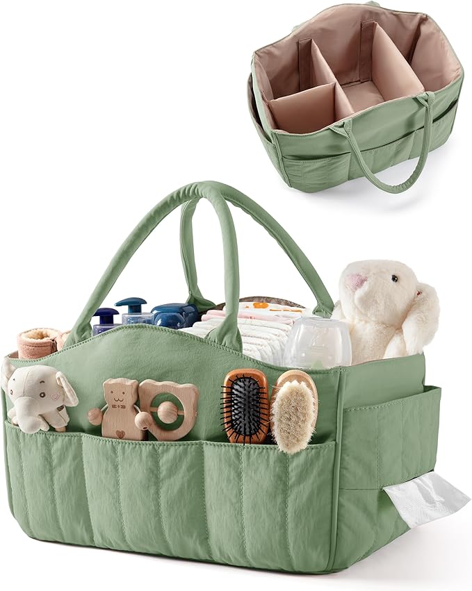 Quilted Baby Diaper Caddy with Detachable Dividers and Wipes Pocket, Lightweight Baby Caddy Organizer with Handles and 8 Pockets for Baby Stuff, Green