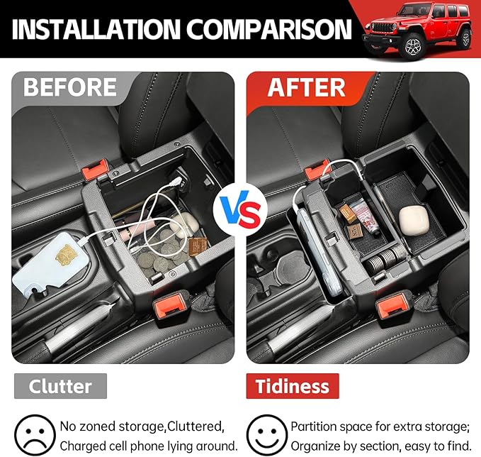 Center Console Hanging Organizer for 2018-2025 Jeep Wrangler JL JLU 4XE/Gladiator JT Center Console Armrest Box Storage Tray for Wrangler&Gladiator(Hanging+Center Console Armrest Organizer)