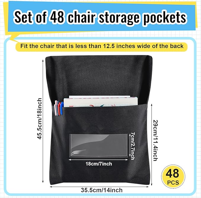 Chair Pockets for Classroom Chairback Pocket Chart 14 x 18 Inch Desk Organizer Pocket Chair Bag for Seat School Classroom(Classic,Black,48 Pcs)