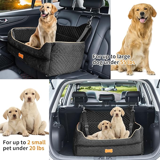 Dog Car Seat for Large/Medium Dogs - Memory Foam Dog Booster Seat for Under 55Lbs or 2 Small Dogs-Detachable and Washable Travel Bed with Thick Cushion and Storage Pockets-Black