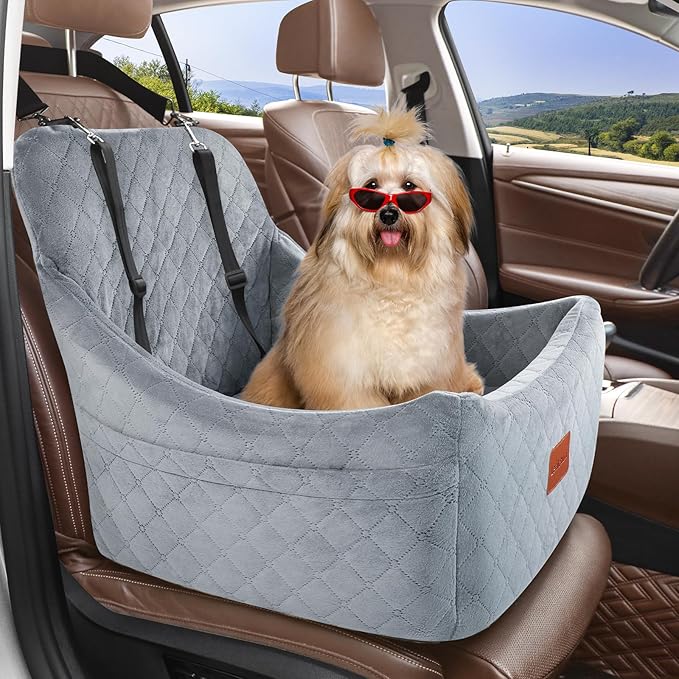 Lealchum Dog Car Seat for Medium Dogs Up to 40lbs,Fully Detachable and Washable,Easy to Install with Adjustable Straps,Anti-Slip Base Travel Car Bed for Pets,2 Side Pockets(Grey,Medium)