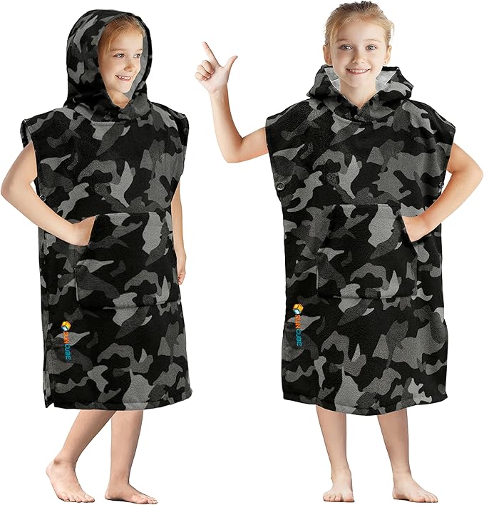 SUN CUBE Kids Changing Robe Surf Poncho, Kids Beach Towels for Teens, Microfiber Hooded Wearable Swim Towel Boys Girls Teenagers