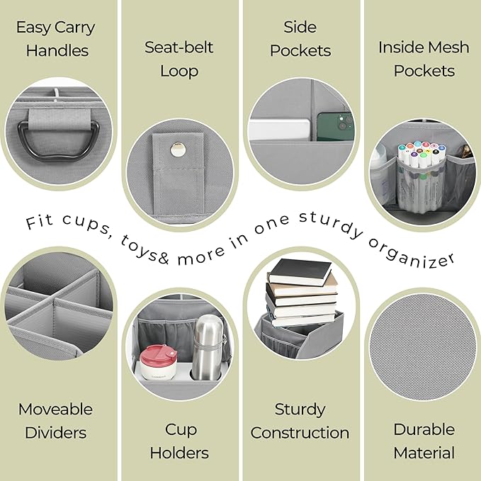 Car Seat Organizer Backseat Front Seat, Car Organizer With 12 Storage Compartments 2 Cup Holders, Snack Storage For Kids Baby, SUV Truck Van Collapsible Storage Bag For Travel, GY, 2PK