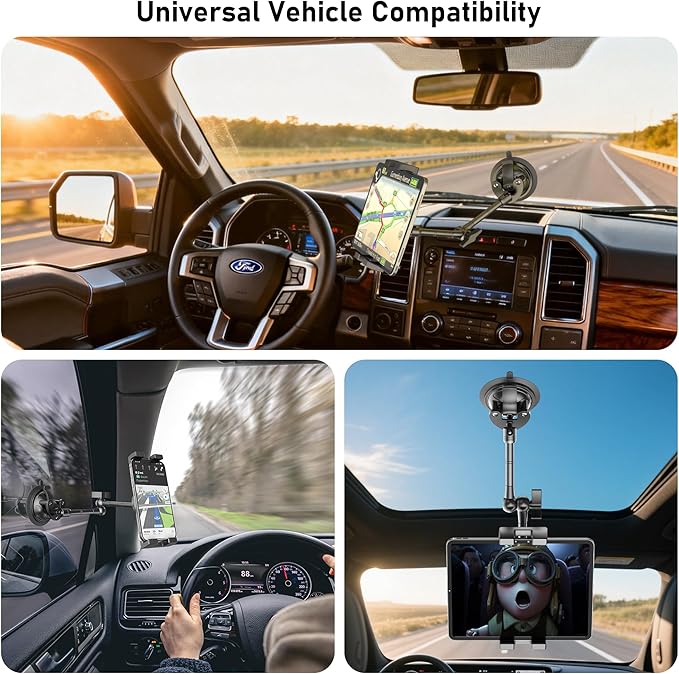 Heavy Duty Window Dashboard Tablet Mount for Truck Car Van Vehicle Pickup, Anti-Shake Metal Joint iPad Dash Holder, Suction Cup Stand for iPad Pro 12.9 Air Mini, Z Fold, IPhone, Thick Case Friendly