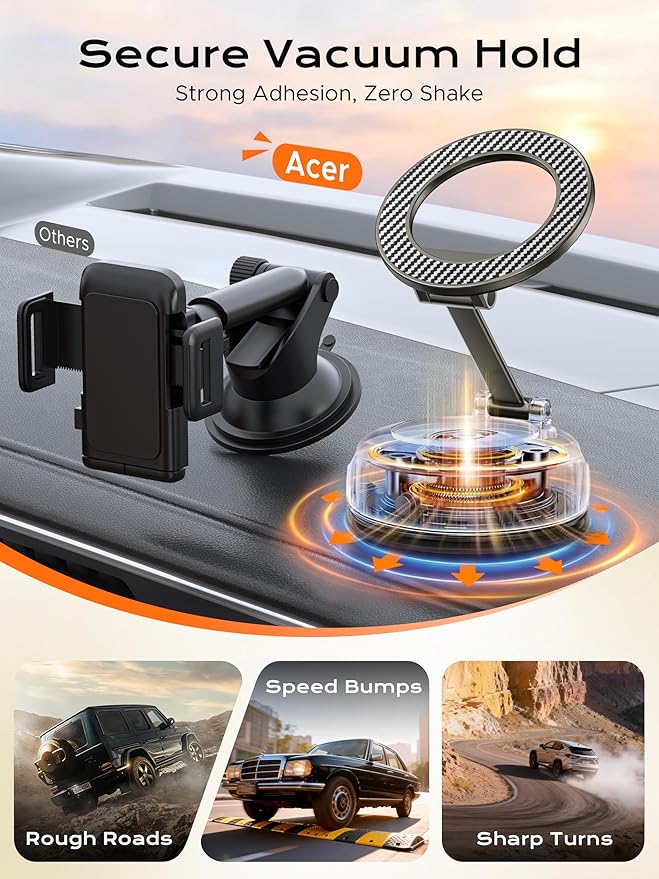Acer Gadget Car Phone Mount, MagSafe Phone Holders for Your Car [5000gf Magnetic Hold] 360° Adjustable Holder for Cell Phone, Car Accessories for Women Men for iPhone 17 16 15 14 13, Carbon Fiber-Grey