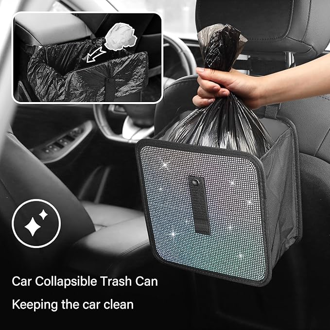 Foldable Trash Can with Rhinestone, Bling Car Bin Organizer & Decoration, Universal Garbage Can for Most Cars, SUVs, Trucks (Colorful)