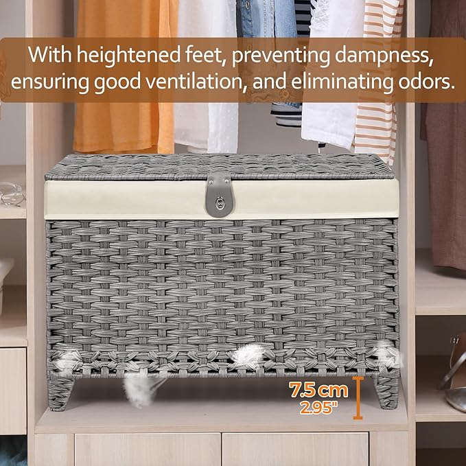 Honjourai Wicker Storage Basket with Lid,Rattan Shelf Basket with Removable Liner Bag,200L Storage Bin,Storage Trunk with Heightened Feet,Storage Container for Wardrobe,Home Organizer