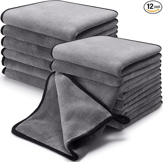 Tallew 12 Pcs Microfiber Towels for Cars, 800 GSM Plush Drying Cleaning Cloth Bulk, 16 x 16 Inch Thick Absorbent Wash Detailing Towels for Car Polishing, House, Kitchen Cleaning(Gray)