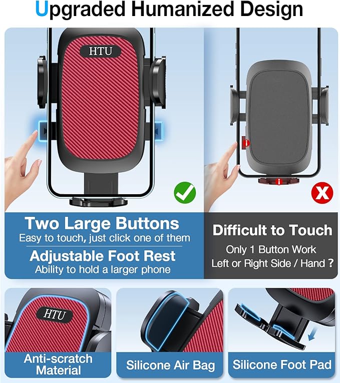 HTU 2026 Upgraded [True Military-Grade] Car Phone Holder【Safety Certs & No Smell】 Cell Phone Holder for Car Mount for Dashboard Windshield Air Vent Long Arm Thick Case,Red