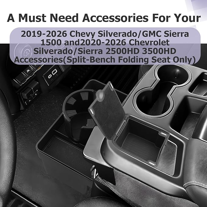 Center Console Hanging Organizer Box w/Cup Holder & Coin Box Compatible with 2019-2026 Chevy Silverado/GMC Sierra 1500 & 2020-2026 Silverado/Sierra 2500HD 3500HD Accessories (Split-Bench Folding Seat)