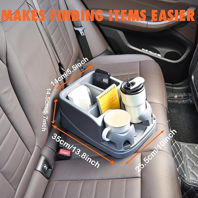 Car Console Organizer, Car Seat Organizer with 2 Adjustable Cup Holders, Center Console for Cars, Trucks, Minivans, SUVs, Vehicle Organizer, 3 Large Storage Compartment (Gray)