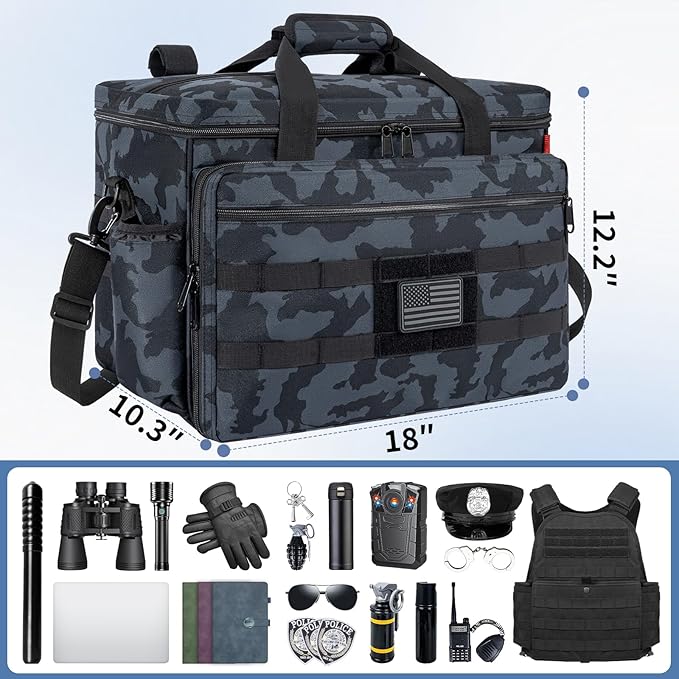 Patrol Bag Law Enforcement, Police Gear Bag Car Front Seat Organizer for Police with Laptop Layer and Cup Holders, MOLLE System, Fits Vehicle Passenger Seat, Black Camo
