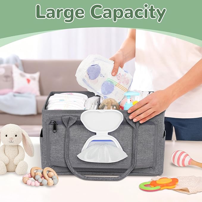 Diaper Caddy with Wipe Dispenser One-Handed Access, Premium Diaper Organizer, Portable Car Organizer Nursery Basket for Newborn Essentials, Baby Registry Must Haves for Boys & Girls,Grey