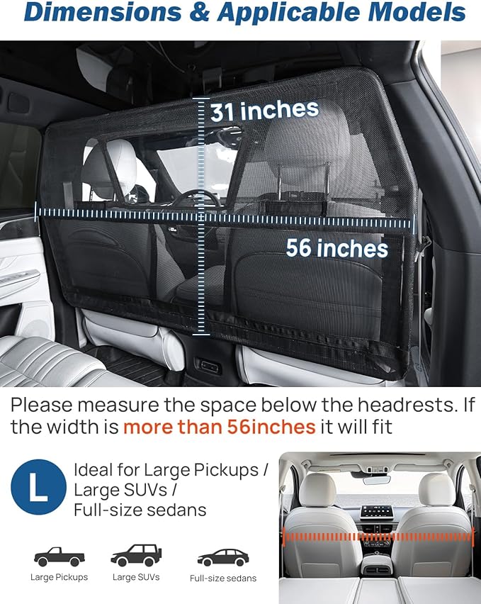 JOYTUTUS 56" Wide Dog Car Barrier with Visual Window, Car Barrier for SUV Escape-Proof, Net for Behind Front Seats, Vehicle Gate for Dog Safety and Travel, Ideal for Sedans SUVs Trucks