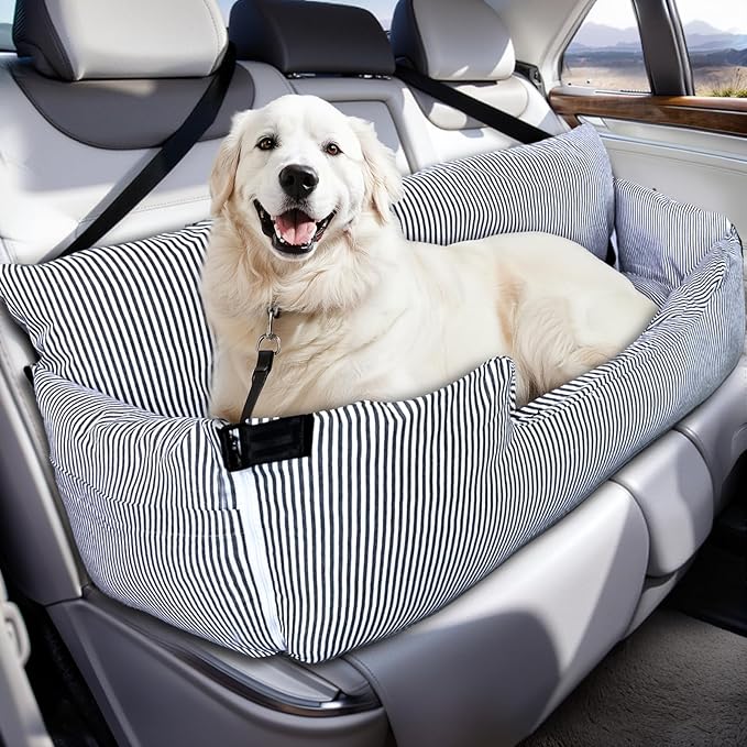 Dog Car Seat for Large Dogs,Dog Booster Seat Under 80lbs or 2 Small Dogs, Detachable Pet Seat with Safety Belt, Non-Slip Base, and Storage Pockets for Car Travel