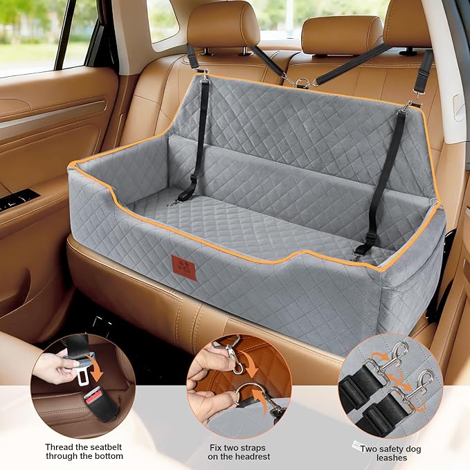 XIEEAOZEE Large Dog Car Seat for Dods Under 100 Lbs, Memory Foam Dog Car Bed for Backseat & Trunk, Detachable and Washable Cover, Pet Travel Seat with Storage Pockets, 2 Safety Belts