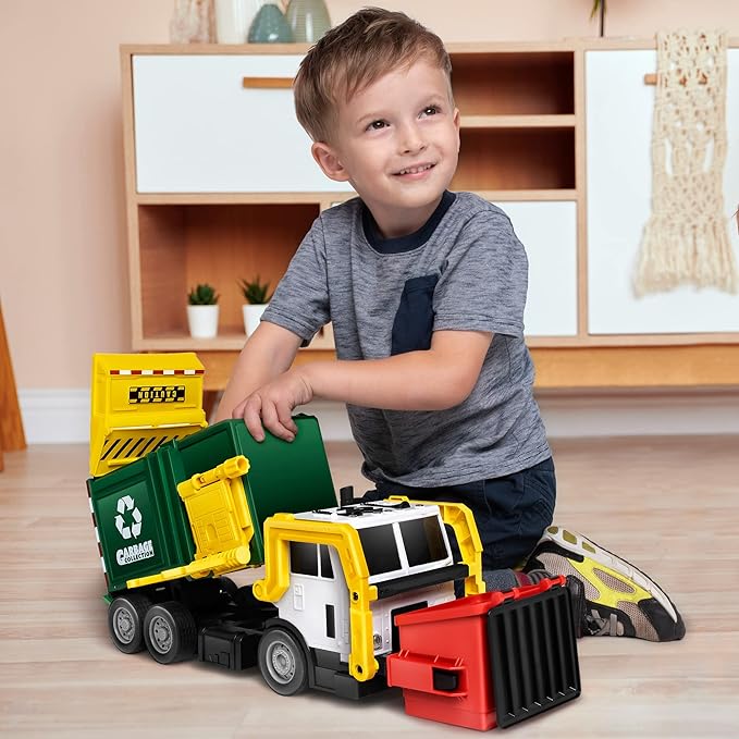 JOYIN Large Friction Powered Garbage Truck Toy Set, Includes 1 Dumpster, 3 Trash Bins, and 30 Learning Cards for Kids, Boy Toys Birthday Gift, Green