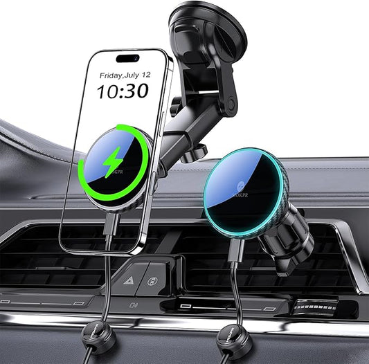MOKPR Only for iPhone Magsafe Car Mount Charger, Magnetic Phone Holder for Your Car Charger Dash Windshield Vent Magnetic Wireless Car Charger Mount for iPhone 17 16 15 14 13 12 Carbon Firber