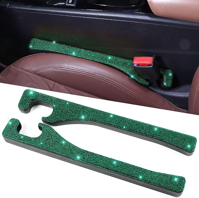Briwill Green Car Seat Gap Filler, Set of 2 Handmade Crystal Rhinestone Diamond Car Gap Filler Green Bling Car Accessories for Women(Dark Green)