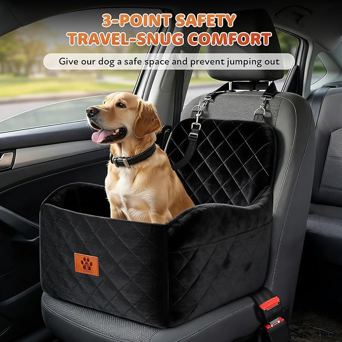 Dog Car Seat for Small/Medium Dogs, Dog Booster Seat with Thick Comfort Foam for Pets Up to 35 lbs, Washable & Detachable Pet Cars Seat with Safety Tether, Storage Pockets,Universal Car Seatbelt Clip