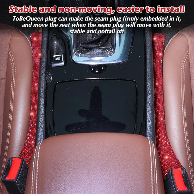 Briwill Bling Red Car Seat Gap Filler, 2 Pack Car Abyss Blocker Universal Fit for Car SUV Truck, Handmade Crystal Rhinestone Diamond Red Bling Car Accessories for Women(Red)