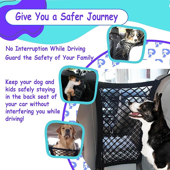 Dog Car Net Barrier Pet Barrier with Auto Safety Mesh Organizer - Stretchable Storage Bag - Universal Fit for Cars and SUVs - Easy Install Car Divider for Safe Driving with Children, Pets