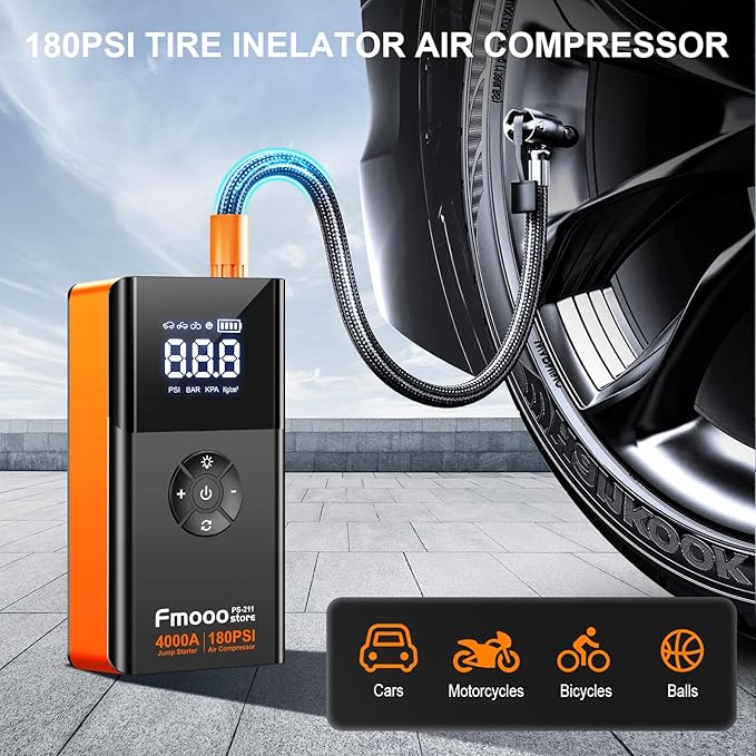 Jump Starter with Air Compressor, 4000A 180PSI, Portable Car Battery Jump Starter (All Gas/12L Diesel) 12V Automobile Jump Box Pack Chargers with Jumper Cables, 4-Mode LED Lights