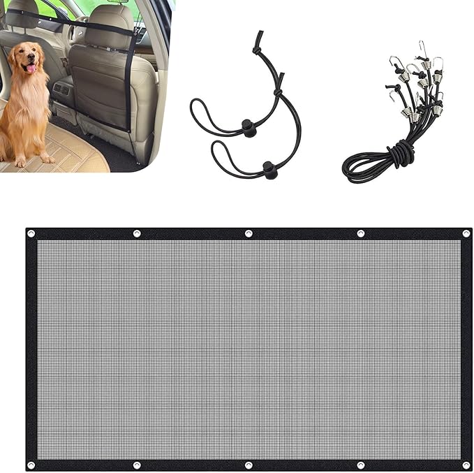 Dog Car Net Barrier, Car Pet Barrier with Adjusting Rope, Pet Backseat Isolation Net, Multifunctional Cars Dog Guardrail,for Most Cars (Black)