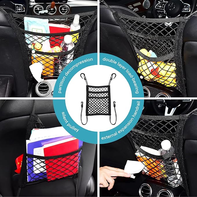 Dog Car Barrier Net with Storage Pockets Universal Adjustable 3-Layer Pet Cars Barrier with 4 Hooks for SUVs & Sedans Keep Pets Safe & Car Organized Cars Mesh Organizerm (S)