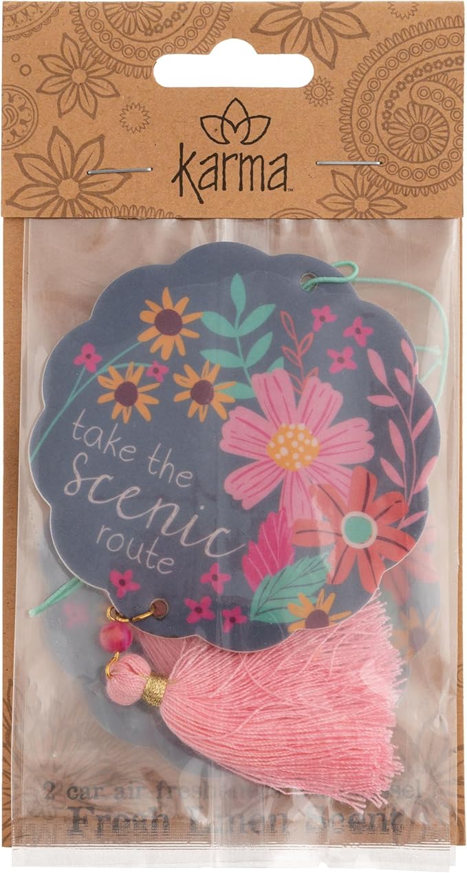 Karma, Essential Oil Air Freshener for Cars Set of 2, Home & Office - Colorful Decorative Hanging Air Freshener with Tassel, Scenic Route Jasmine Scented