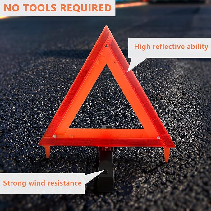 WORKKOOL 3 Pack Foldable Warning Reflective Triangles with Carrying Case, Heavy Base Roadside Triangles for Vehicles Breakdown, Safty Reflector DOT Approved(Sand Filled)…