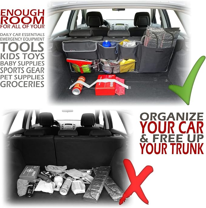 PlusXpres Car Backseat Trunk Organizer - Auto Hanging Seat Back Storage - Multipurpose Cargo Accessory - Space Saving Facilitator for SUV, Hatchback, Crossover, Minivan