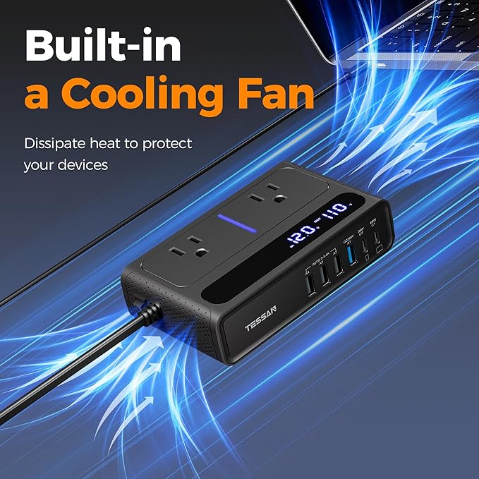 200W Car Power Inverter, TESSAN 12V DC to 110V AC Converter with 2 AC Outlets and 6 USB Ports with 65W USB-C, Car Charger Adapter PD/QC 3.0 Fast Charging, Car-Essentials for Camping, Road Trip, Black