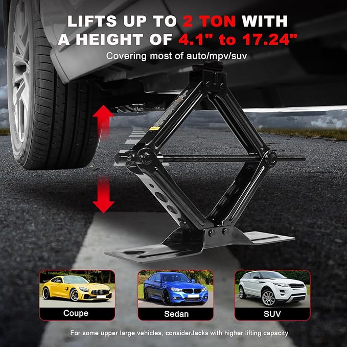 Big RED Car Jack 2Ton/4409 lbs Universal Scissor Jack with Rubber Pad, Portable Tire Changing Kit with Lug Wrench, Emergency Kit for Sedan SUV MPV