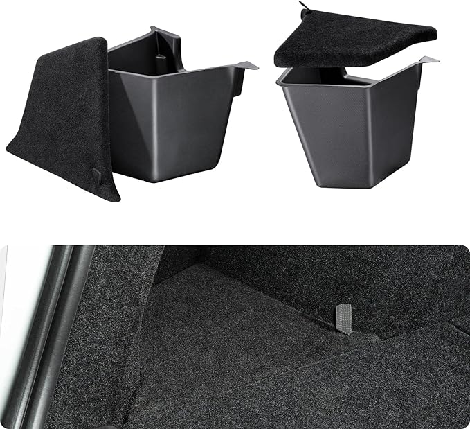 BASENOR 2025 2026 Tesla Model Y Trunk Storage Bins, (Proprietary Design) Trunk Organizer with Carpeted Lid, Rear Trunk Side Storage Box for Model Y Juniper Interior Accessories