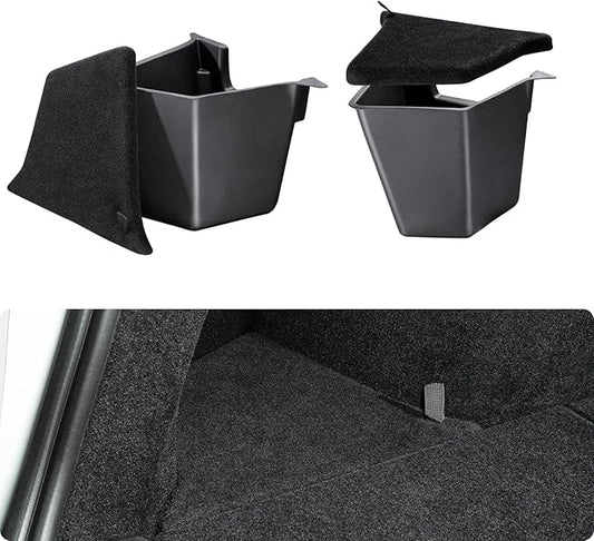 BASENOR 2025 2026 Tesla Model Y Trunk Storage Bins, (Proprietary Design) Trunk Organizer with Carpeted Lid, Rear Trunk Side Storage Box for Model Y Juniper Interior Accessories
