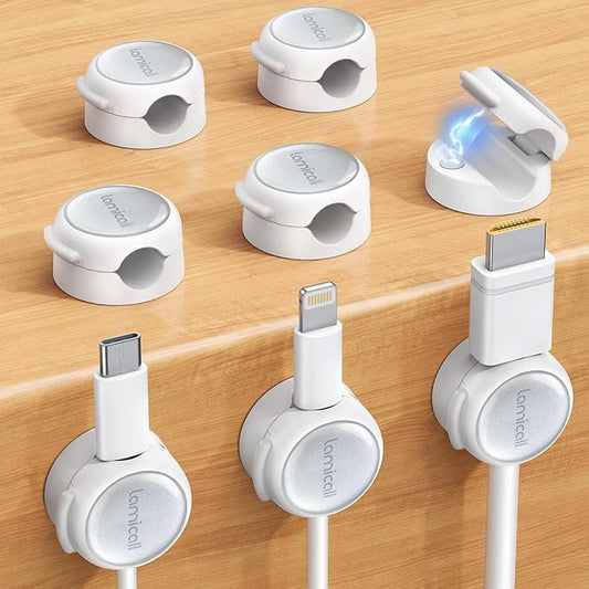 Lamicall 8 Pack Magnetic Cable Clips Cord Organizer - [Crystal-Clear & Silver Shine] Aesthetic Strong Adhesive Phone Charger Cable Management Clips for Nightstand, Home Office Desk Desktop Accessories