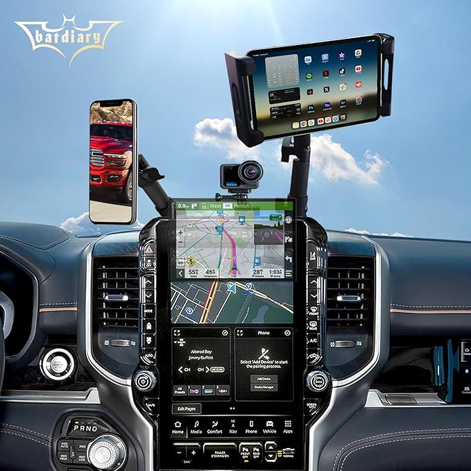 Ram 1500 Magnetic Phone Mount Compatible with 2019-2026 2021 2022 2023 2024 2025 Dodge Ram 1500 2500 3500 TRX Accessories Carbon Fiber Metal Cell Phone Holder Dash Mount No-Drill installation