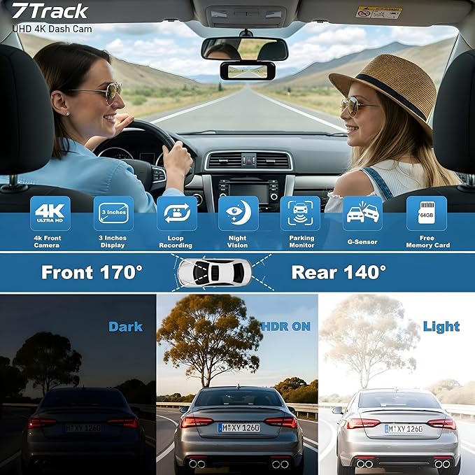 Dash Cam Front and Rear with WiFi, 4K+1080P Dash Camera for Cars, 7Track Dual Car Camera with App Control, 64GB Card, 3.19" IPS Screen, Night Vision, Parking Mode, Loop Recording for Personal Use