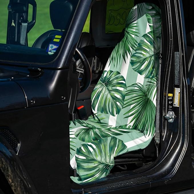 2 Pack Car Seat Towel Covers, Sweat Protector for Front Seats, Premium Thickened Microfiber with Palm Leaves, Breathable & Quick Dry, Slip-on Headrest Pocket for Gym Running Beach Universal Fit