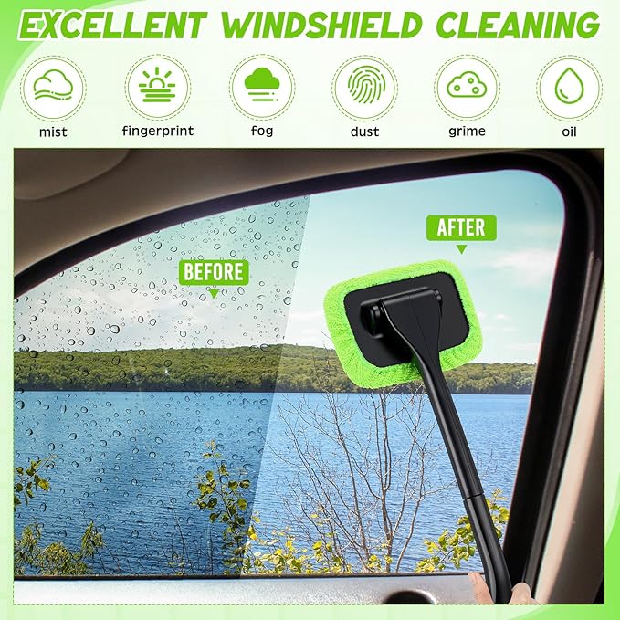 FoldTier 8 Pcs Car Windshield Cleaner Tool Kit with Removable Handle, Microfiber Towel Pads, Brush, Empty Spray Bottle for Auto Glass Wiper Suvs Rvs & Home Windows(Green)